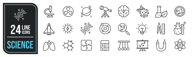 Science simple minimal thin line icons. Related research, astronomy, chemical, experiment. Editable stroke. Vector illustration.
