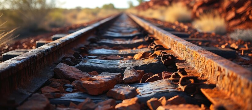 Iron Ore Train Rails Pilbara Australia. with copy space image. Place for adding text or design
