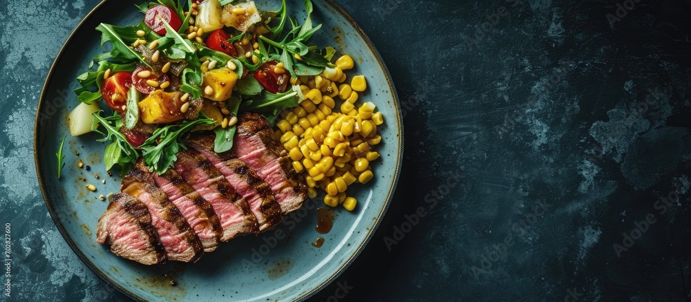 Poster Modern style traditional dry aged sliced wagyu roast beef with corn salad and pine nuts served as close up on a Nordic design plate. with copy space image. Place for adding text or design