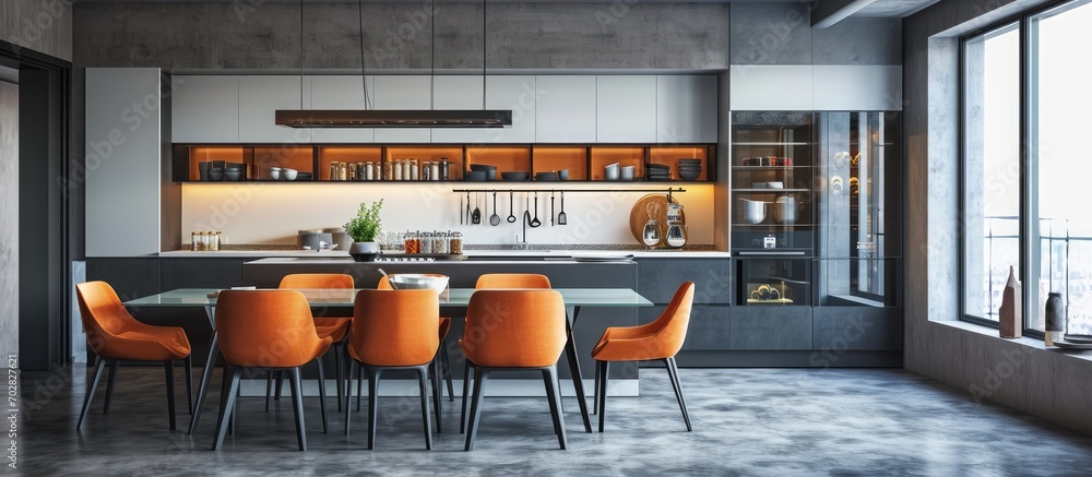 Poster modern kitchen combined with the dining room in dark and light colors with orange chairs and glass c