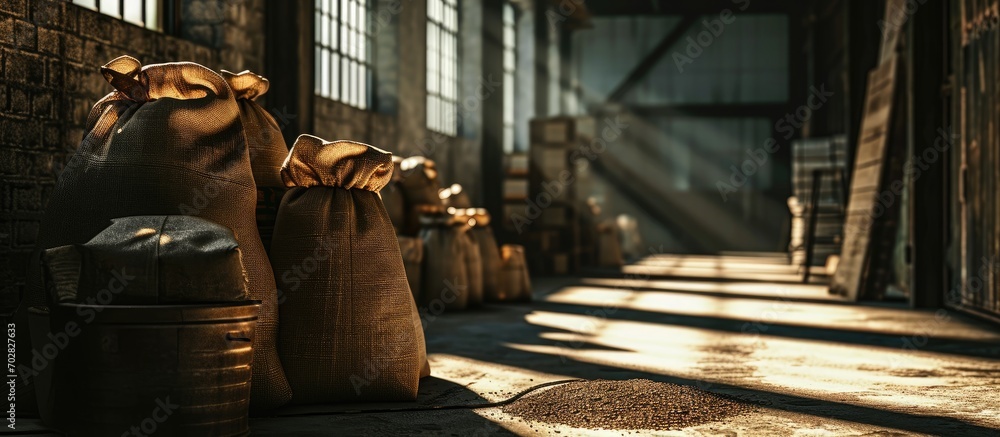 Poster large cloth bags with unknown bulk contents are lying in the warehouse an image illustrating the pro