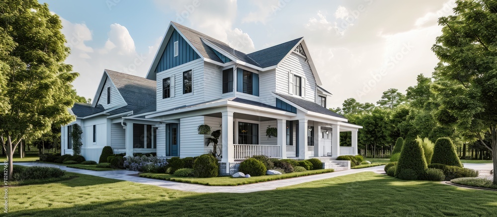 Poster Modern Farmhouse with white and blue details. with copy space image. Place for adding text or design