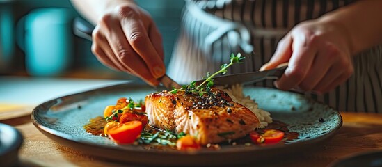 High angle view cropped closeup photo of housewife lady put grilled salmon fillet steak flying pan ready roasted plate garnish cooking dinner wear apron stand modern kitchen indoors