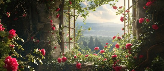 Obraz premium Magic window with a fairy garden of roses. with copy space image. Place for adding text or design