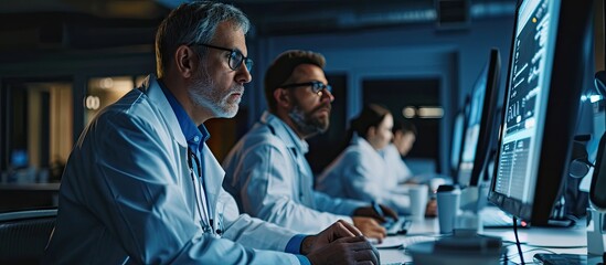 Medical and healthcare Male doctor or medical students or surgeon anesthesiologists using digital tablet during the conference Health Check with digital system support for patient background ba