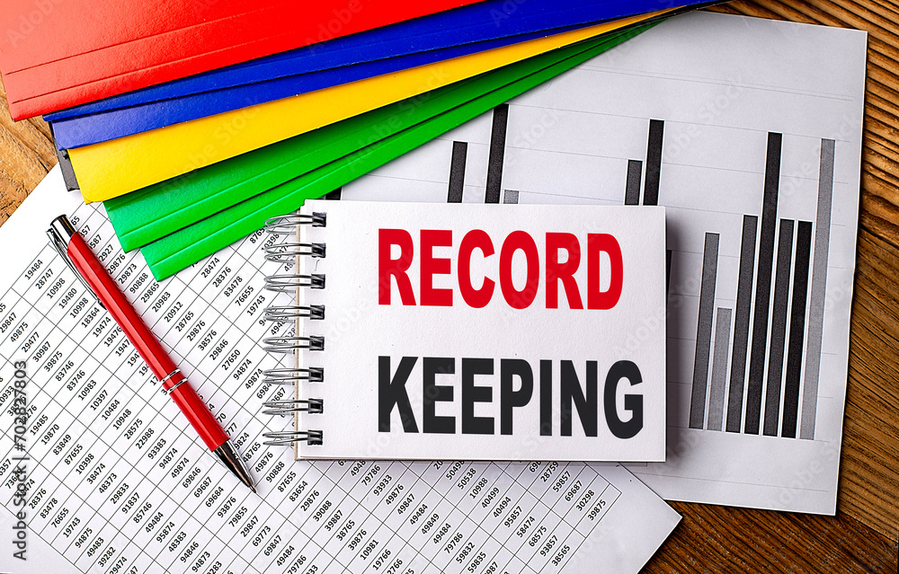Poster record keeping text on a notebook with pen, folder on a chart background