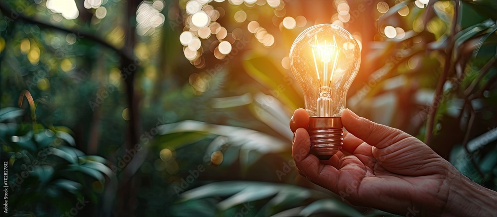 Aufkleber hand holding light bulb on tropical nature background ecology and environment concept energy of natu