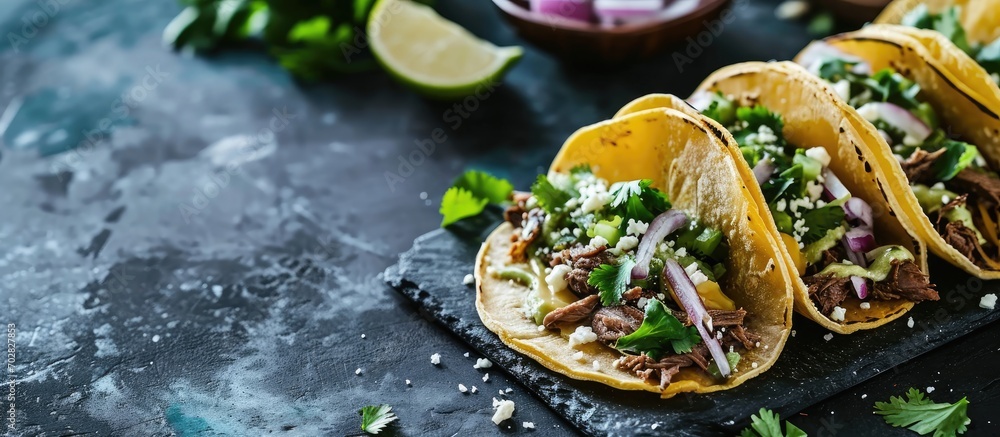 Aufkleber homemade carne asada street tacos with cheese cilantro and onion. with copy space image. place for a