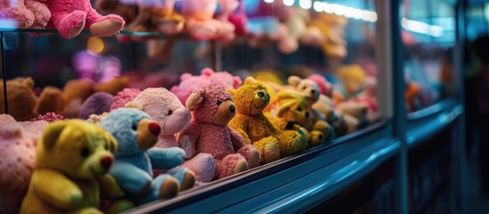 Image of soft toys inside a claw machine shot at a game zone. with copy space image. Place for adding text or design - obrazy, fototapety, plakaty