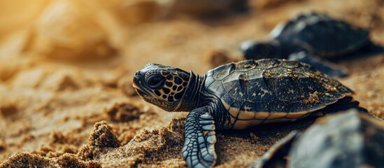 Loggerhead baby sea turtles hatching in a turtle farm in Sri Lanka Hikkaduwa Srilankan tourism. with copy space image. Place for adding text or design