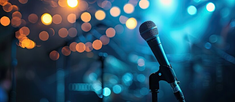 Microphone On The Stage With bright Blurred Lights. with copy space image. Place for adding text or design