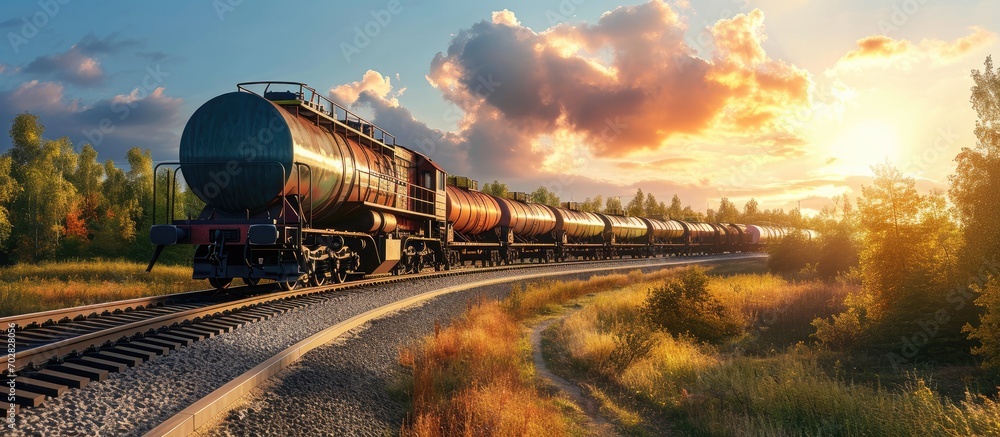 Aufkleber locomotive with tanker freight train passed the railway curve. with copy space image. place for addi