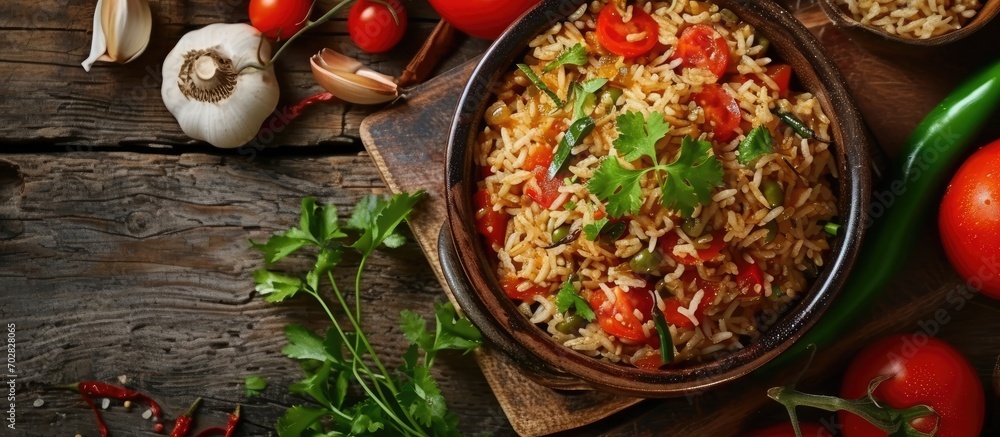 Fototapete large pot with uzbek pilaf with tomatoes and green chilli peppers. with copy space image. place for 