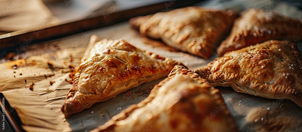 Aufkleber men s hands take out baked fresh triangular pies on a baking sheet with parchment from the oven clos