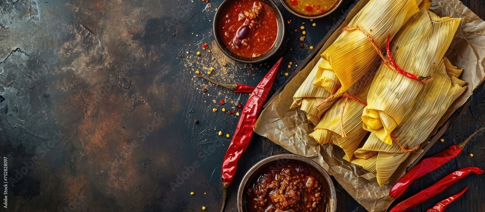 Poster mexican tamale tamales of corn leaves with chili and sauces. with copy space image. place for adding