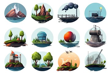 A set of pictures. Disaster concept. Natural disasters isometric set with flood, volcanic eruption, earthquake, tsunami, avalanche, forest fire, meteorite,