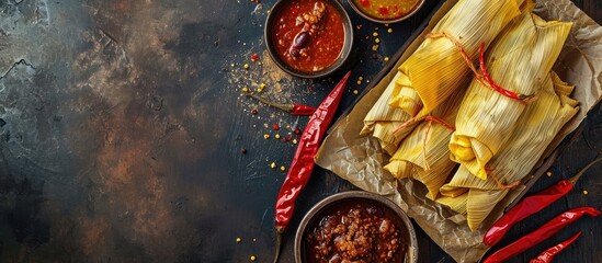 Mexican Tamale tamales of corn leaves with chili and sauces. with copy space image. Place for adding text or design - obrazy, fototapety, plakaty