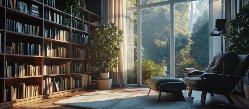 Modern interior with cozy reading corner with black bookcase blue armchair pouf and big window with blinds. with copy space image. Place for adding text or design
