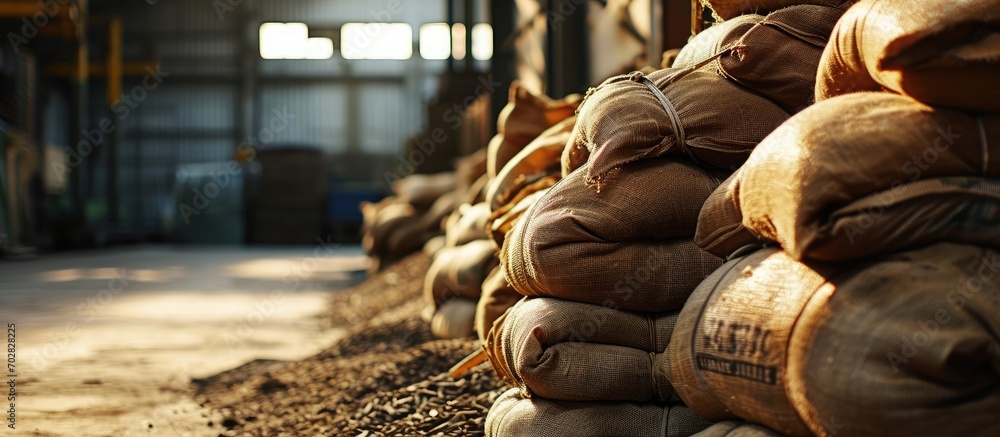 Aufkleber large cloth bags with unknown bulk contents are lying in the warehouse an image illustrating the pro