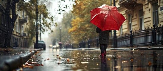 Little girl with red umbrella playing in the rain Kids play outdoors by rainy weather in fall Autumn outdoor fun for children Toddler kid in raincoat and boots walking in the garden Summer show