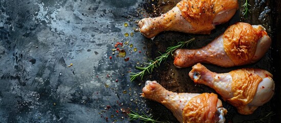 Marinated raw chicken drumsticks ready to roast. with copy space image. Place for adding text or design - obrazy, fototapety, plakaty