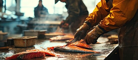 Midsection of workers slicing fishes at table. with copy space image. Place for adding text or design