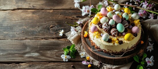 Homemade Easter cheesecake sweet cottage cheese baking with Ester chocolate eggs and chocolate drops with holiday decorations and spring flowers. with copy space image - obrazy, fototapety, plakaty