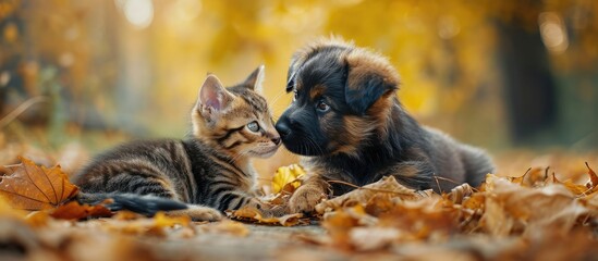 mongrel puppy kisses a kitten on autumn leaves. with copy space image. Place for adding text or design