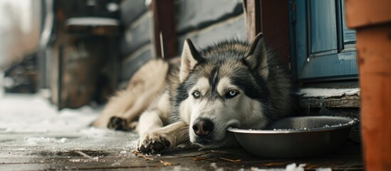 Husky lies with a sad look near the bowl on the porch near the house The dog freezes from the cold. with copy space image. Place for adding text or design