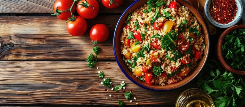 Kisir a traditional vegan salat prepared from bulgur wheat tomato parsley olive oil and spices Top view of a kisir salat on the wooden table. with copy space image. Place for adding text or design