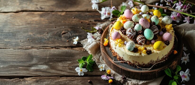 Homemade Easter cheesecake sweet cottage cheese baking with Ester chocolate eggs and chocolate drops with holiday decorations and spring flowers. with copy space image