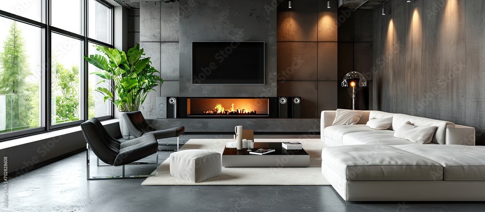 Poster living room with sofa coffee table marble fireplace and large flat screen tv and sound bar in a vaca