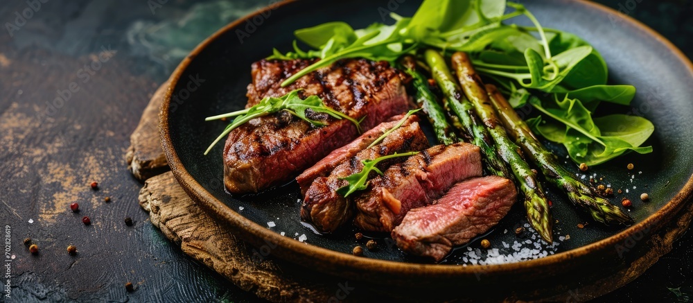 Poster Modern style barbecue dry aged wagyu roast beef steak with green asparagus and lettuce served as close up on a Nordic design plate. with copy space image. Place for adding text or design