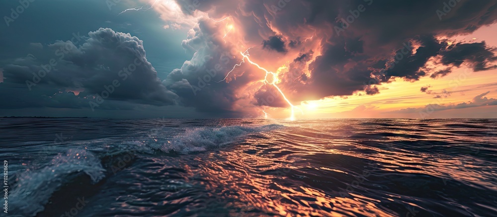 Poster Lightning bolt from a thunderstorm over sea at sunset. with copy space image. Place for adding text or design