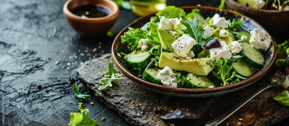 Poster Ketogenic diet green salad with cucumbers avocado feta cheese and lime dressing. with copy space image. Place for adding text or design