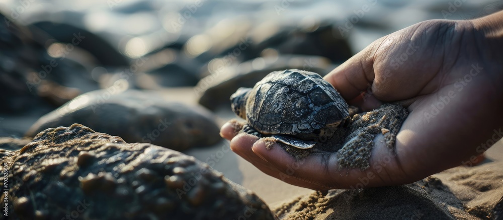 Poster Hand holds up a baby sea turtle egg in Sri Lanka. with copy space image. Place for adding text or design