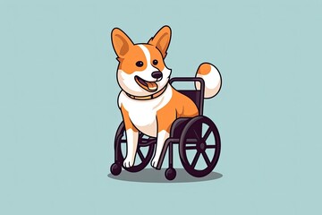 Illustration. Concept of animals with a defect. small red dog in a wheelchair on a blue background.