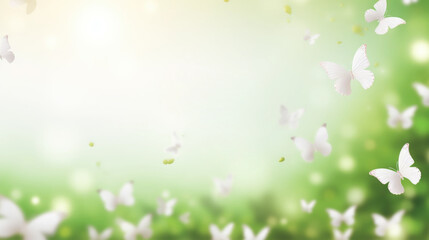 Green spring background with butterflies, bokeh lights and space for text