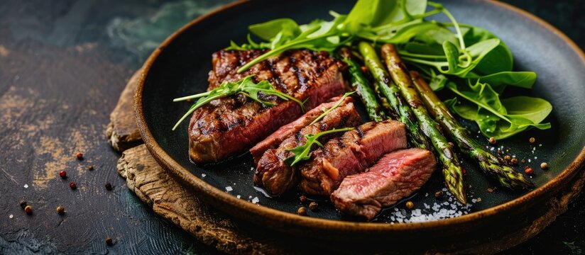 Modern style barbecue dry aged wagyu roast beef steak with green asparagus and lettuce served as close up on a Nordic design plate. with copy space image. Place for adding text or design
