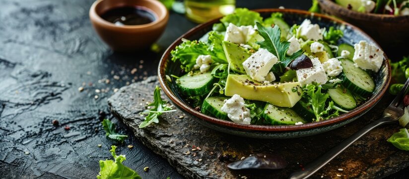 Ketogenic diet green salad with cucumbers avocado feta cheese and lime dressing. with copy space image. Place for adding text or design
