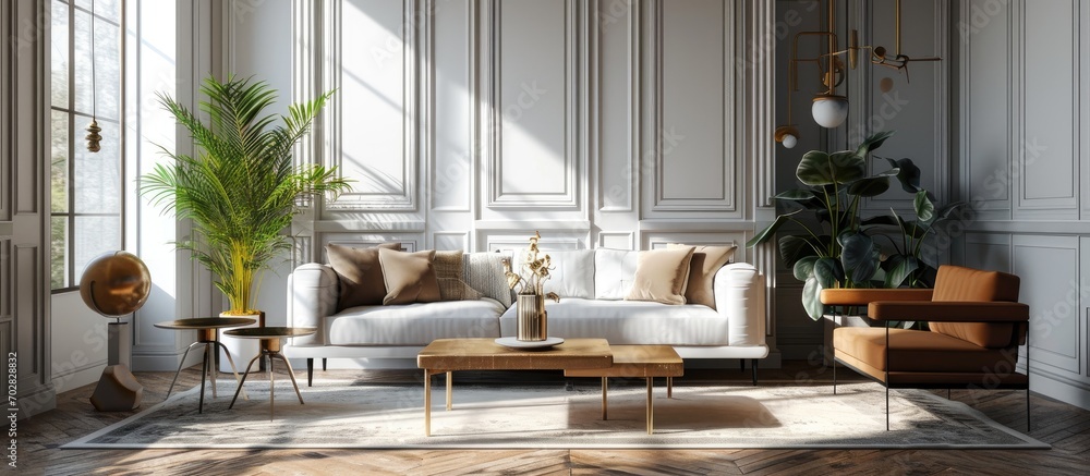 Poster living room in small apartment modern interior design series. with copy space image. place for addin