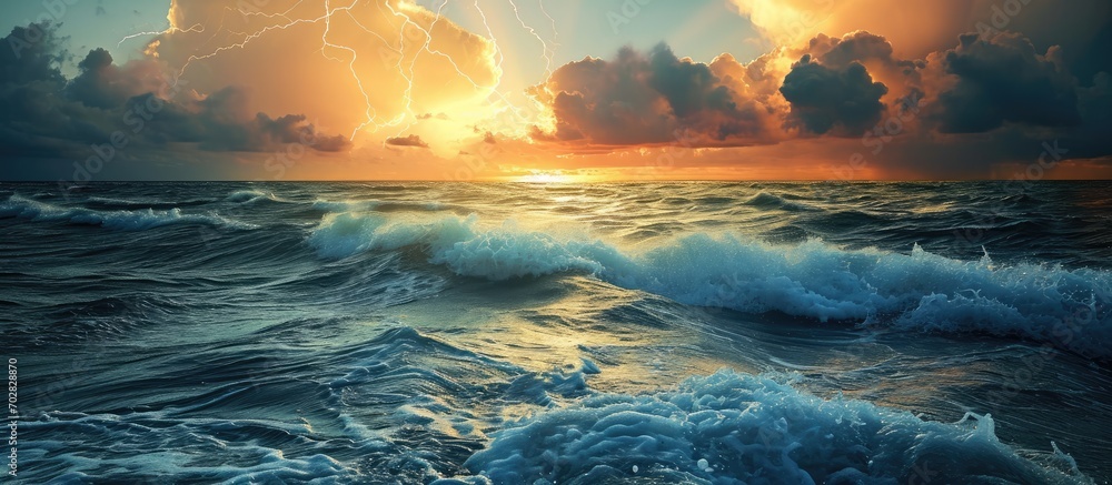 Poster Lightning bolt from a thunderstorm over sea at sunset. with copy space image. Place for adding text or design