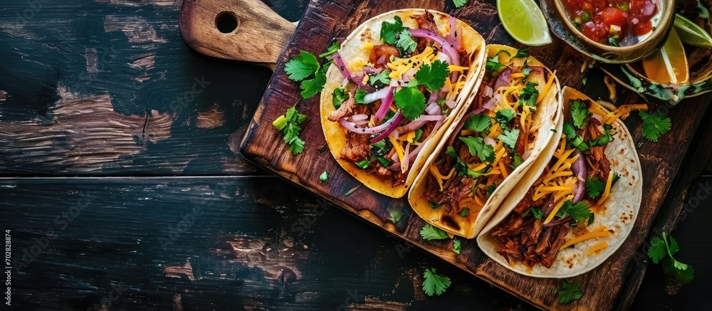 Poster homemade carne asada street tacos with cheese cilantro and onion. with copy space image. place for a