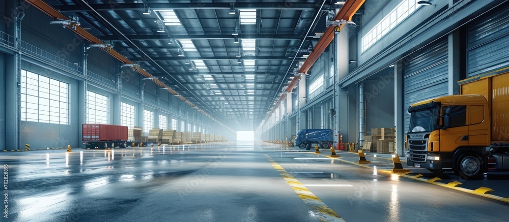 Poster Innovative logistic warehouse complex Excellent solution for storing sorting and transporting products Transportation. with copy space image. Place for adding text or design