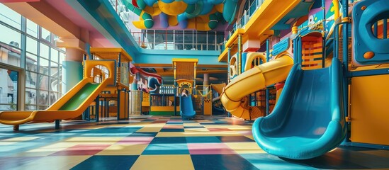 Modern indoor children s playground Colorfull indoor slide kindergarten area. with copy space image. Place for adding text or design