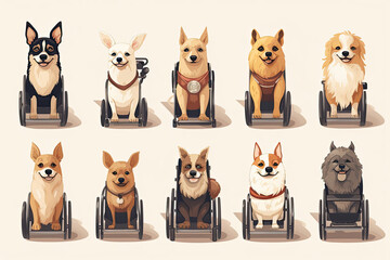 A set of images of cute dogs in wheelchairs. animals with paw defects.. Illustration of domestic animals.
