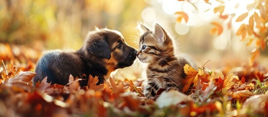 mongrel puppy kisses a kitten on autumn leaves. with copy space image. Place for adding text or design - obrazy, fototapety, plakaty