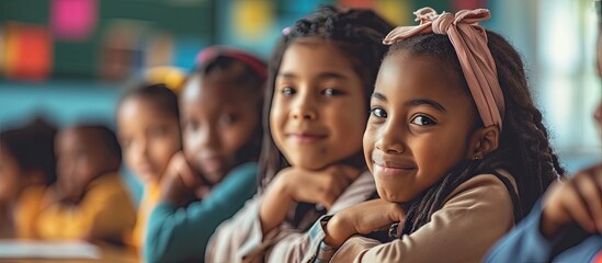 Happy diverse schoolgirls sitting at desks and raising hands in classroom School study and education unaltered. with copy space image. Place for adding text or design