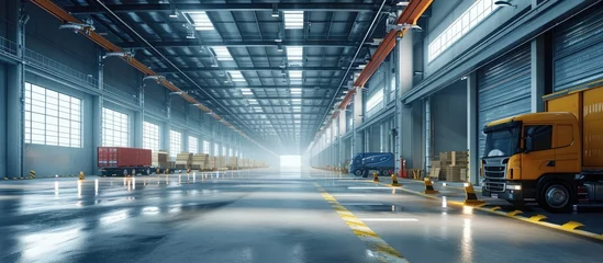 Schilderijen op glas Innovative logistic warehouse complex Excellent solution for storing sorting and transporting products Transportation. with copy space image. Place for adding text or design © vxnaghiyev