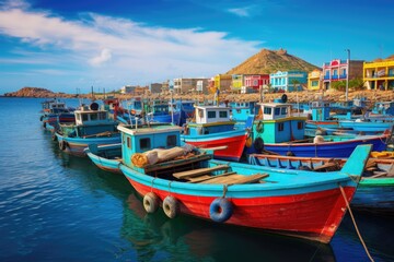 Fototapeta na wymiar A traditional fishing village with colorful boats lined up along the shore